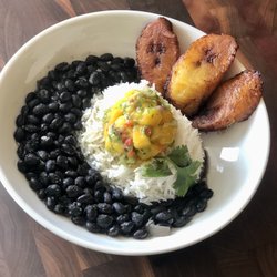 Upohar World Kitchen - Cuban black beans with Mango salsa and Sweet plantains