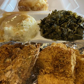 Hughley's Southern Cuisine - DIY Combo Plate ($19): chicken thigh, catfish, with mashed potatoes and collard greens - ono! - Southern Near Me - Aiea, Hawaii