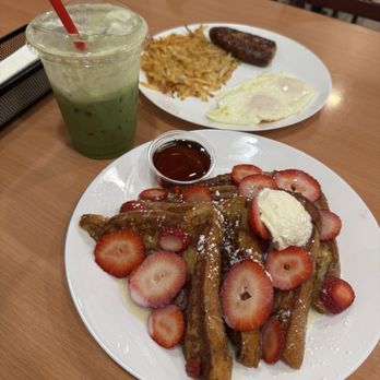 Strange Brews Coffee & Bites - French Toast with Strawberry & Cream combo style with a matcha YUM - Breakfast & Brunch Near Me - Buena Park, California
