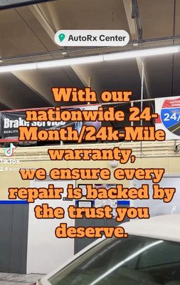 24-Month/24k-Mile nationwide warranty - At AutoRx Center, we’ve got you covered coast to coast! With our 24-Month/24k-Mile nationwide warranty, every repair comes with the trust and peace of mind you deserve. Drive with confidence! 24-Month/24k-Mile nationwide warranty - At AutoRx Center, we’ve got you covered coast to coast! With our 24-Month/24k-Mile nationwide warranty, every repair comes with the trust and peace of mind you deserve. Drive with confidence!