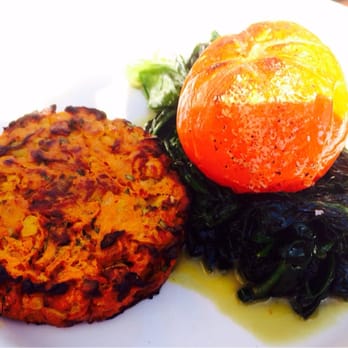 Truc Vert - Sweet corn, sweet potato, feta frittata w/ sautéed spinach & a grilled tomato. - French Near Me - London, XGL Truc Vert - Sweet corn, sweet potato, feta frittata w/ sautéed spinach & a grilled tomato. - French Near Me - London, XGL