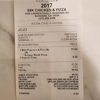 99k Chicken and Pizza - Suwanee - Our dinner bill, not bad for the amount of food we got - Chicken Wings Near Me - Suwanee, Georgia
