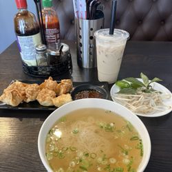 Fried Cream Cheese Wontons, plain pho & noodles & winter melon milk tea
