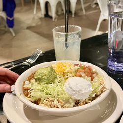 Mas Amigos Mexican Kitchen - House margarita and belly bowl with charro beans and Mexican rice