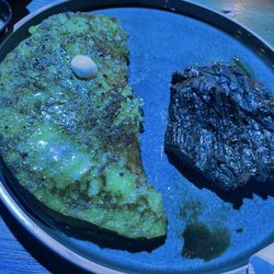 Steak with a cheese and sweet pancake