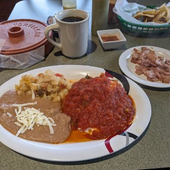 Taqueria Las Mulas - Huevos Rancheros with a side of ham and a coffee. - Mexican Near Me - Keller, Texas