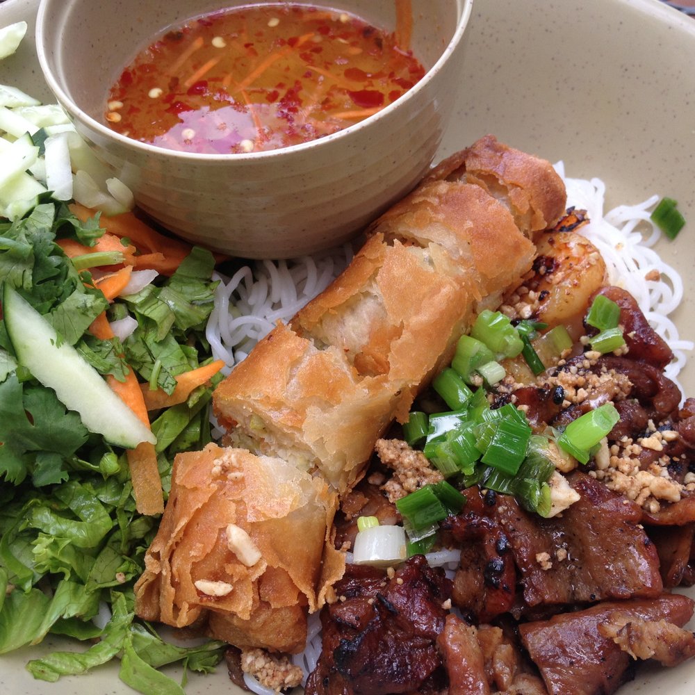 Amazing noodle salad with meat and egg roll. Crisped to perfection with a perfectly spiced sauce and fresh veggies.