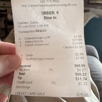 Hummus Kabab & Grill - The bill 6/21/26 - Middle Eastern Near Me - Winston-Salem, North Carolina
