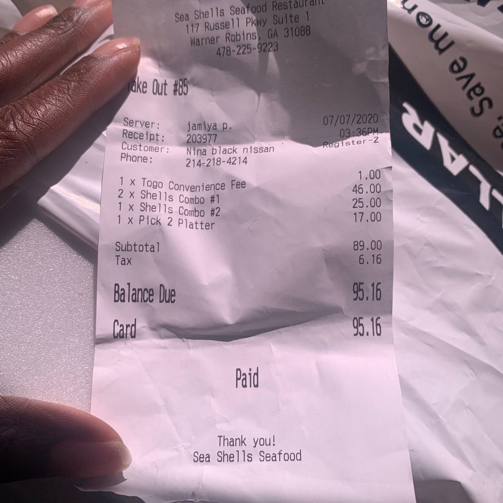 Sea Shells Seafood - Receipt - Seafood Near Me - Warner Robins, Georgia Sea Shells Seafood - Receipt - Seafood Near Me - Warner Robins, Georgia
