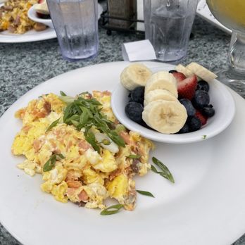 Schooner or Later - Salmon Lox Scramble with fresh fruit + large mimosa - Sandwiches Near Me - Long Beach, California Schooner or Later - Salmon Lox Scramble with fresh fruit + large mimosa - Sandwiches Near Me - Long Beach, California