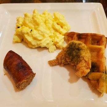 Wicked Spoon - Second plate: Italian sausage, scrambled egg, chicken and waffles - Buffets Near Me - Las Vegas, Nevada Wicked Spoon - Second plate: Italian sausage, scrambled egg, chicken and waffles - Buffets Near Me - Las Vegas, Nevada