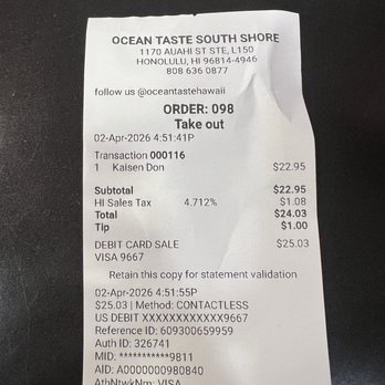 Ocean Taste - Receipt - Poke Near Me - Honolulu, Hawaii