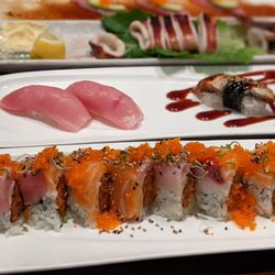 Oyama Sushi - Under the Sea Roll, shiro maguro nigiri, unagi nigiri, and ika shioyaki.