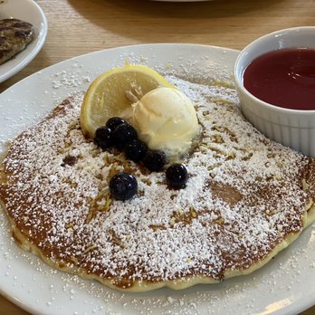 Jongewaard's Bake n Broil - Lemon Blueberry Pancakes with Raspberry Sauce - American Near Me - Long Beach, California