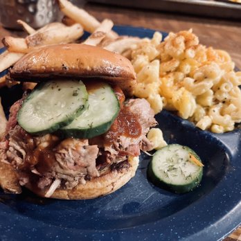 Dinosaur Bar-B-Que - BBQ pulled pork sandwich with Mac and cheese and French fries. - Barbeque Near Me - Syracuse, New York