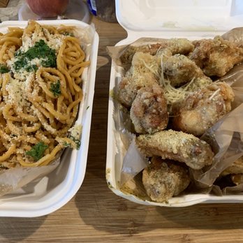 Fire Wings Pinole - Garlic noodles and the 20 piece combo: parm garlic and lemon pepper. - Chicken Wings Near Me - Pinole, California