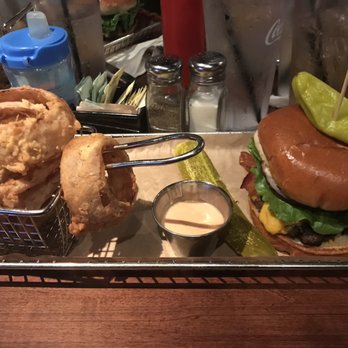 Hops Burger Bar - The Hops Classic with side of Carolina Onion Rings - Burgers Near Me - Greensboro, North Carolina Hops Burger Bar - The Hops Classic with side of Carolina Onion Rings - Burgers Near Me - Greensboro, North Carolina