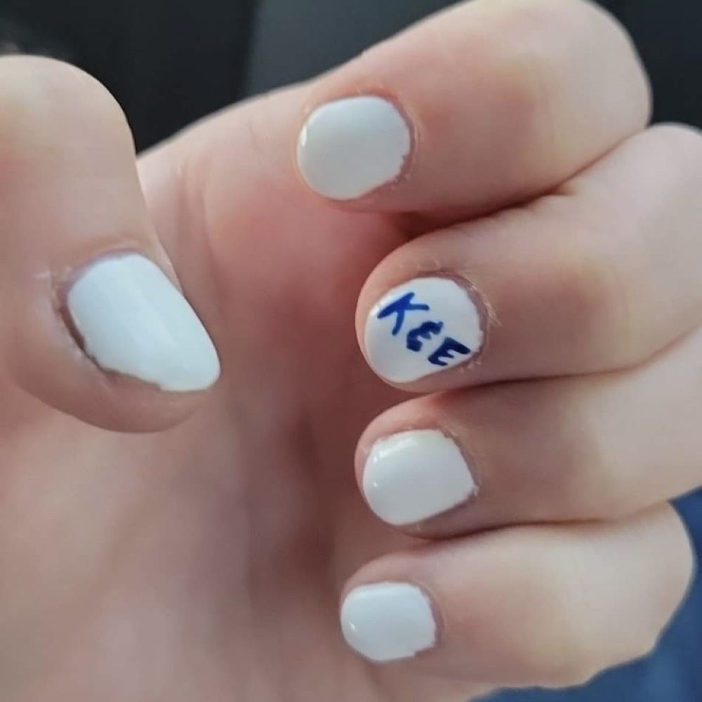 LaLa's Salon & Spa - White gel on natural nail, some detail for "K&E" lettering - Nail Salons Near Me - Pittsburgh, Pennsylvania