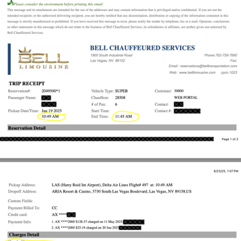 Bell Limousine - Receipt from after the trip showing total time, 56 minutes but adjusting the charge to 1:15. - Airport Shuttles Near Me - Las Vegas, Nevada Bell Limousine - Receipt from after the trip showing total time, 56 minutes but adjusting the charge to 1:15. - Airport Shuttles Near Me - Las Vegas, Nevada