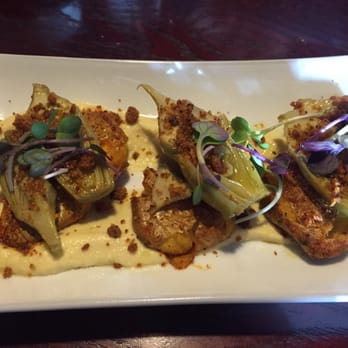 Sprig & Vine - Appetizer of the day was smashed fingerling potatoes with grilled artichoke. So pretty! - Vegan Near Me - New Hope, Pennsylvania