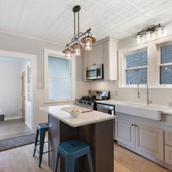 Rock Counter Kitchen & Bath Chicago - Avalon Ashen Kitchen with Small Gray Liberty Shaker Island, 1923 Chicago Bungalow, Jefferson Park