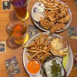 Firehouse Burger with extra Buffalo sauce & Tully 's Tender Dinner Firehouse Burger with extra Buffalo sauce & Tully 's Tender Dinner