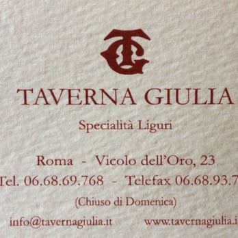 Taverna Giulia - Carte de visite - Ligurian Near Me - Rome, RM Taverna Giulia - Carte de visite - Ligurian Near Me - Rome, RM