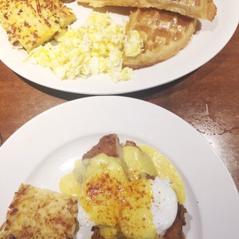 Brick House - Fried chicken Benedict & breakfast plate - American Near Me - Sugar Land, Texas