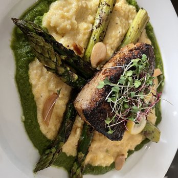 Steam Restaurant & Bar - Grilled Mahi Mahi on polenta with grilled asparagus. - Seafood Near Me - Wilmington, North Carolina Steam Restaurant & Bar - Grilled Mahi Mahi on polenta with grilled asparagus. - Seafood Near Me - Wilmington, North Carolina