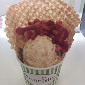 Creamistry - Double Cap'n Crunch topped with strawberries and cheesecake bites which also includes a free waffle! All doubles get a free waffle!! - Desserts Near Me - Houston, Texas
