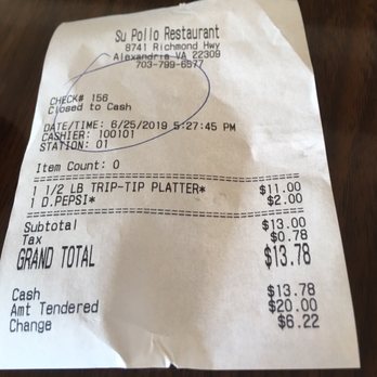 Su Pollo Restaurant - The bill - Peruvian Near Me - Alexandria, Virginia