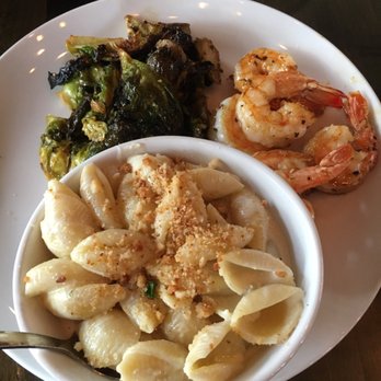 Dish Society - Plate with Brussels, shrimp, and truffle mac and cheese - New American Near Me - Katy, Texas Dish Society - Plate with Brussels, shrimp, and truffle mac and cheese - New American Near Me - Katy, Texas