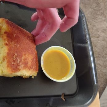 Mission BBQ - Here is the Cornbread that comes with most meals. Also, they serve 9 different BBQ sauces. Here is their Georgian Mustard. - Barbeque Near Me - Boardman, Ohio