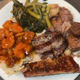 Rib ,steak , orange chicken w fried rice  , pot roasts with potato's green beens and collards