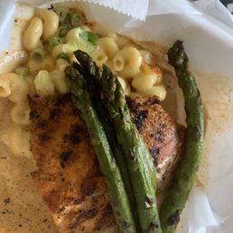 This was a carry out order of salmon, asparagus and mac. This was a carry out order of salmon, asparagus and mac.