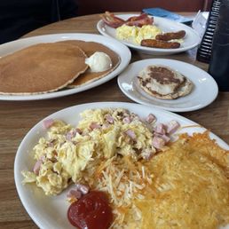 Pancakes combo and dice ham and eggs.