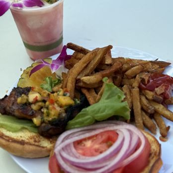 Barefoot Beach Cafe - Hawaiian Bbq chicken sandwich w/fries & a Lava flow - Breakfast & Brunch Near Me - Honolulu, Hawaii