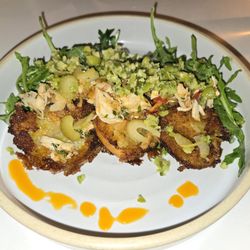 Side Work - Fried green tomatoes with crab escabeche, lemon-caper aioli, green olive, pimenton oil and pickled celery. Incredble!