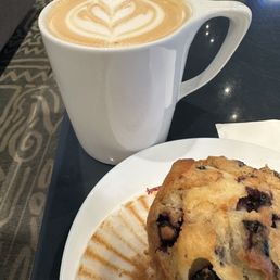 caramel oat latte, blueberry muffin caramel oat latte, blueberry muffin