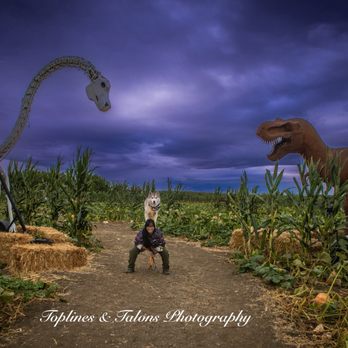 Cool Patch Pumpkins - Our classic piggyback pose in front of the Dino statues - Pumpkin Patches Near Me - Dixon, California