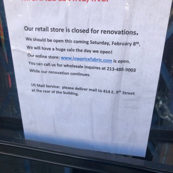 Michael Levine Fabrics 26 - Sign on door. - Fabric Stores Near Me - Los Angeles, California Michael Levine Fabrics 26 - Sign on door. - Fabric Stores Near Me - Los Angeles, California