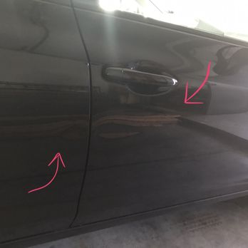 Auto Dent Work - Before: dents with creases across both passenger doors, more than 8" on front door - Mobile Dent Repair Near Me - San Jose, California