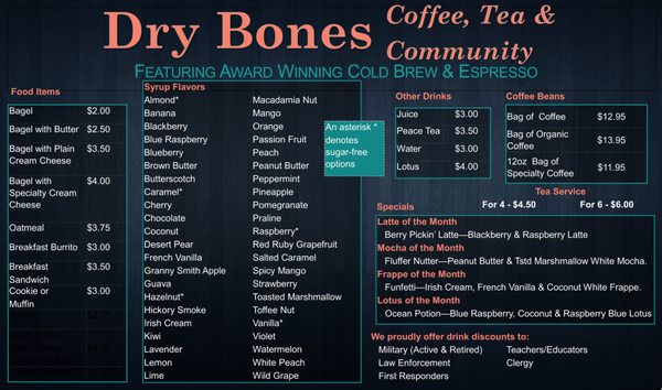 Menu photo 1 Dry Bones Coffee, Tea & Community Kenai, AK Menu photo 1 Dry Bones Coffee, Tea & Community Kenai, AK