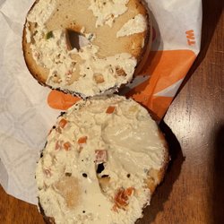 Dunkin' - This is what a bagel WITH veggie cream cheese looks like. Pathetic , right? Good thing I had some at home.