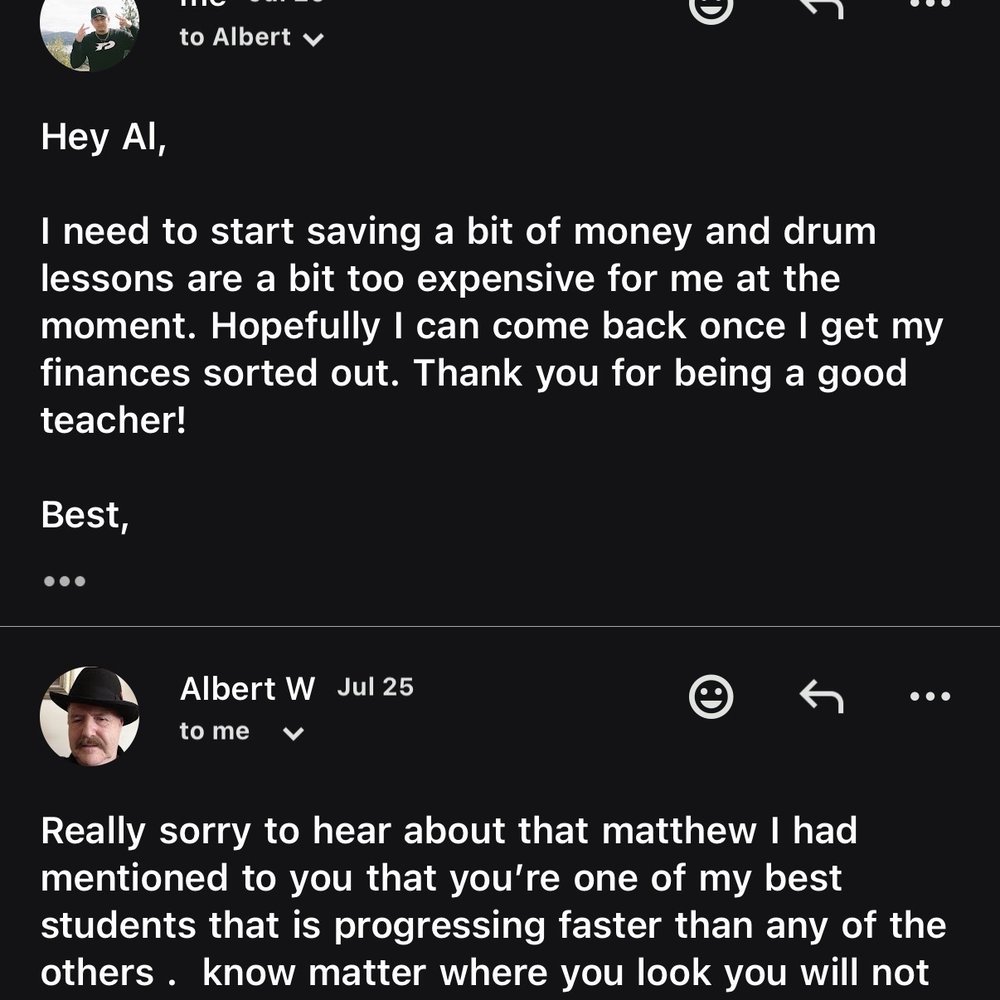 Drums Made Fun Studio - Emails between Albert & I - Musical Instruments & Teachers Near Me - San Francisco, California Drums Made Fun Studio - Emails between Albert & I - Musical Instruments & Teachers Near Me - San Francisco, California