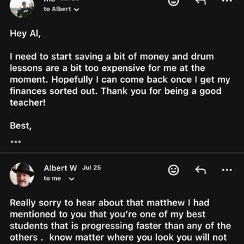 Drums Made Fun Studio - Emails between Albert & I - Musical Instruments & Teachers Near Me - San Francisco, California Drums Made Fun Studio - Emails between Albert & I - Musical Instruments & Teachers Near Me - San Francisco, California