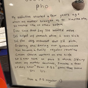 Simplee Pho - Sign at the front desk that tells the whole truth, the Pho truth and nuthin but the truth - Vietnamese Near Me - Apple Valley, Minnesota