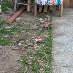 Trash scattered throughout the backyard sitting area. The photo doesn't show the broken window glass I picked up.