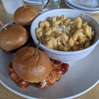 SoPro - Nashville chicken sliders in "BBQ" sauce (mostly ketchup) and side of mac and cheese. - Southern Near Me - Baltimore, Maryland