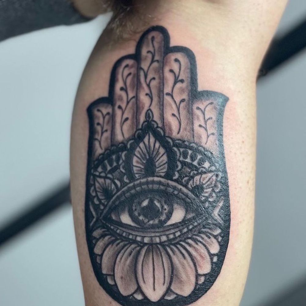 The Tattoo Jar - This is a Hamsa hand in black and gray - Tattoo Near Me - Mansfield, Massachusetts